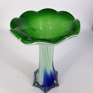 Hand Blown Tulip Trumpet Art Glass Vase Twist Green Blue White Home Decor 9.50"